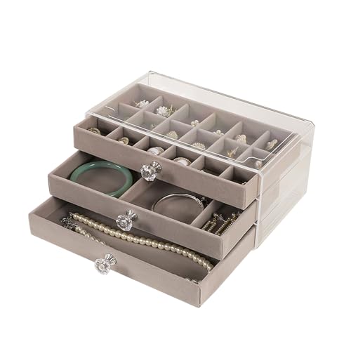 JINGHANGER Acryl Schmuck Organizer mit 3 Schubladen Transparente Samt Schmuckschatulle Ohrring Organizer Box Schmuckaufbewahrung für Ringe Armbänder Halsketten 23,5x13,5x10,5 cm von JINGHANGER