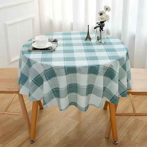 JINGIHE Rund Tischdecke Abwaschbar, 140cm Plastik Karomuster Wetterfest, Wachstuchtischdecke Table Cloth für Outdoor Indoor Party Geburtstag Esszimmer Picknick Garten Küche(Blau-Grau) von JINGIHE