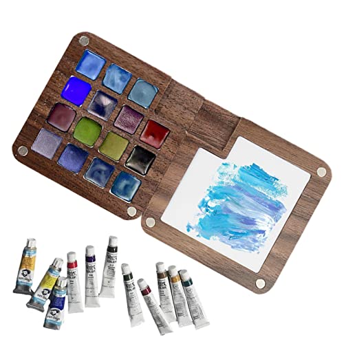 JINGLING -Aquarell-Palette - Tragbare Skizzenbuch-Palette 15 Gitter Holz-Reise Aquarell Zeichnen, Reise-Farbkoffer, Geschenk für Maler und Künstler von JINGLING