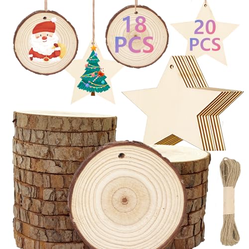 38 Stücke Weihnachtsdeko Holzscheiben,18 Baumscheiben mit Loch 7-8cm, 20 Holzsterne Zum Basteln, Rund Holzanhänger Weihnachten zum Bemalen, für Handwerk DIY, Party Herbstzeit Deko,mit Juteseil von JINGTOPS