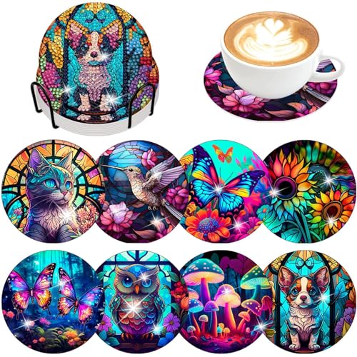 8 Stück Diamond Painting Untersetzer Mit Halter,5D Diamond Painting Coaster,DIY Diamond Painting Kinder, Diamond Painting zum Basteln für Tassen,Weingläser, Heimküche, von JINGTOPS