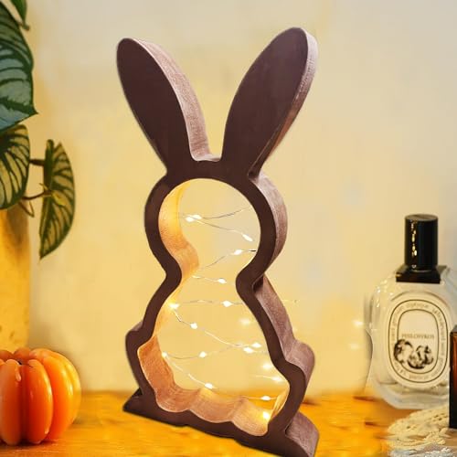 LED Osterhase Holz, Modern Osterdeko aus Holz, Dekorativer Holz Osterhase zum Hinstellen mit Lichterkette Osterbeleuchtung Dekohase Lampe Oster Deko Garten Draußen Innen Osterdeko Tisch (30X16.5cm) von JINGTOPS