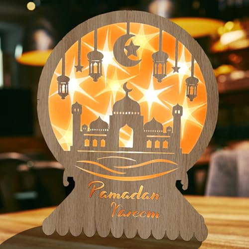 Ramadan Dekoration Holzdeko Lampe Led Halbmond,Eid Mubarak Dekoration Ramadan Laterne Deko Lampe Batteriebetrieben Für Drinnen,Ramadan Tischdeko Schlafzimmer Balcony (Ramadan) von JINGTOPS