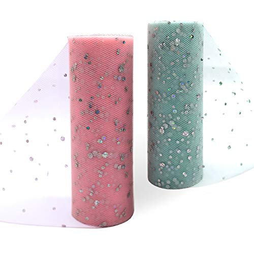 2 Rollen Glitzer Tüll Dekostoff Rosa Blau,Tüll Roll Glitter Pailletten Spule,Stoff Rolle (2-er Pack),Ballettrock Tischläufer Tischband Tüllnetz für Hochzeit Party Bankett Deko Handwerk von JINGYOU