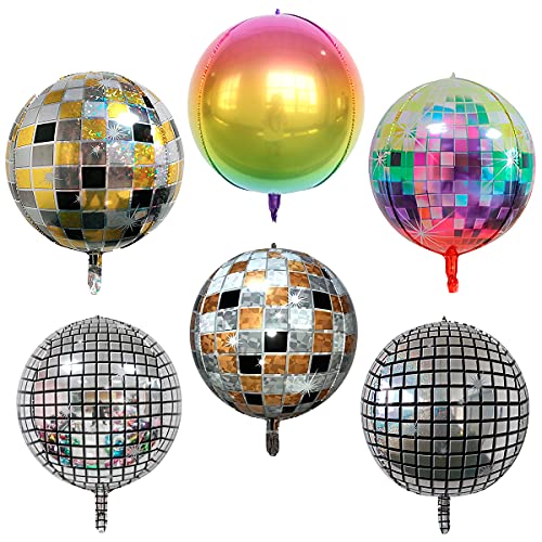 Disco Folien Ballons Aluminium Mylar Helium Luftballons 6 Stück 22 Zoll Silber 4D Großer Spiegel Metallisch Luftballons, 90er Jahre Ballon 90er Jahre Party Dekorationen 90er Jahre Themenparty von JINGYOU