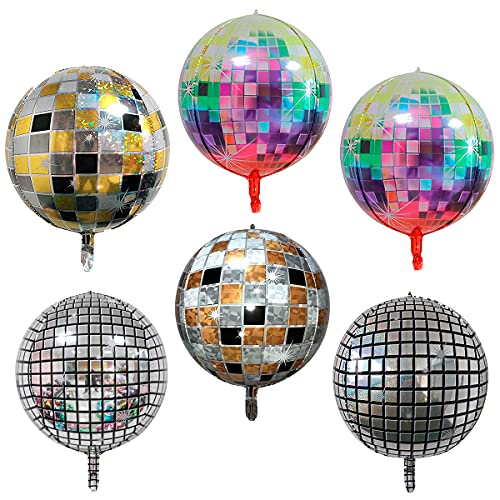 Disco Folien Ballons Aluminium Mylar Helium Luftballons 6 Stück 22 Zoll Silber 4D Großer Spiegel Metallisch Luftballons,90er Jahre Ballon 90er Jahre Themenparty Party Dekorationen für Disko Tanz Party von JINGYOU