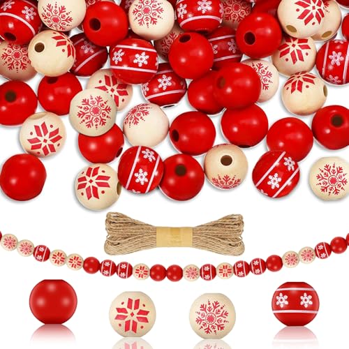 JINHOXUN Weihnachten Holzperlen, 120pcs Weihnachten Hölzerne Perlen, Weihnachtsperlen, Bunt Weihnachten Holzperlen, Rot Weihnachten Holzperlen, für DIY Weihnachtsbaum Dekoration, DIY Armbänder von JINHOXUN