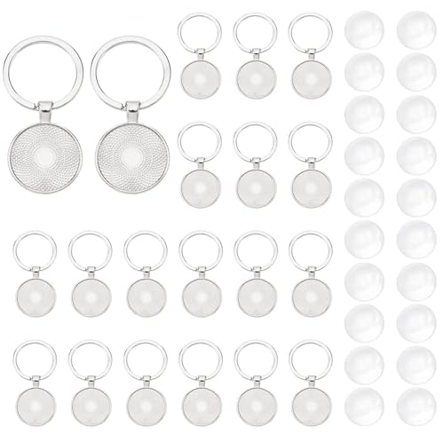 JINJUMEI 20 Set Blanko Cabochon Schlüsselanhänger, Legierung Blank Lünette Anhänger Tabletts Durchmesser mit Transparentem Glas, Fassungen Glas Cabochons Kettenanhänger Zum Befüllen von Fotoschmuck von JINJUMEI