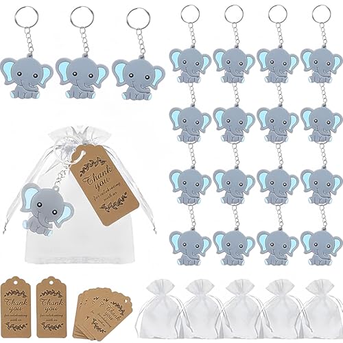 JINJUMEI 20 Stücke Gastgeschenke Taufe Elefanten Schlüsselanhänger Set Taufe Elefanten-Schlüsselanhänger + Organza Beutel + Kraftpapier Anhänger Elefanten Anhänger Boy Girl Kid Birthday Party Supply von JINJUMEI