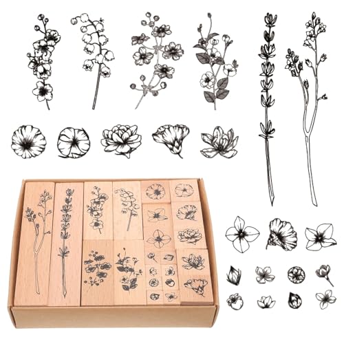 JINJUMEI 22 Stück Stempel Holz Set, Blumen Holz Stempel, Motiv Pflanzen Stempel, Motivstempel Holz Stempel Blüten, Dekorativer Montierte Stempel Pflanzen Stempel für Scrapbooking, DIY Karten Machen von JINJUMEI