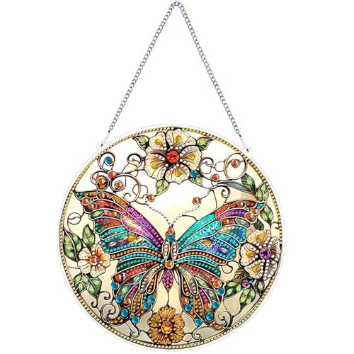 JINJUMEI Blumen Schmetterling Diamond Painting Anhänger Doppelseitig mit Kette, Diamond Painting Anhänger, Diamond Painting Schmetterling, Wandbehang Kits für Fenster Wand und Eingang Decor von JINJUMEI