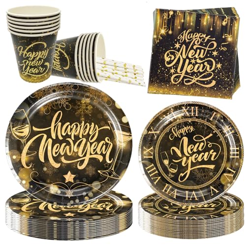 100 Stuck 2024 Silvester Partygeschirr set,Neujahr Partygeschirr Kit,2024 Happy New Year Partygeschirr Set für 20 Personen,Silvester Schwarz und Gold Geschirr Partyzubehör Teller Party Dekoration von JINLAIYUN