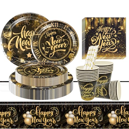 101 Stuck 2025 Silvester Partygeschirr set,Neujahr Partygeschirr Kit,2025 Happy New Year Partygeschirr Set für 20 Personen,Silvester Schwarz und Gold Geschirr Partyzubehör Teller Party Dekoration von JINLAIYUN