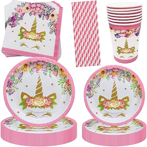 100 Stück Einhorn Partygeschirr Set, 20 Gäste Einhorn Teller Set, Einhorn Teller Becher Pappteller Serviette, Einhorn Party Supplies (Rosa Einhorn) von JINLAIYUN