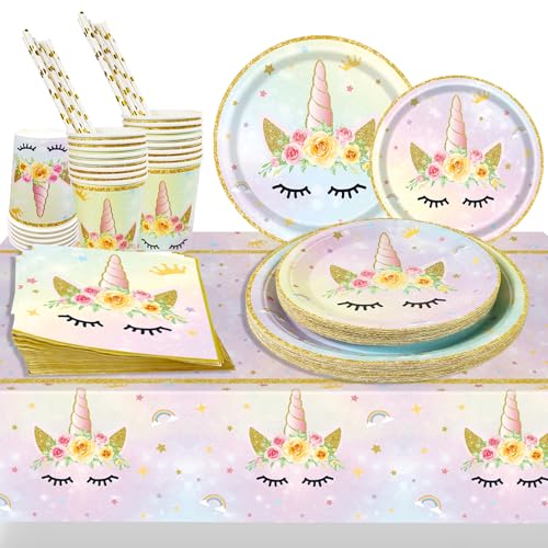 101 Stück Einhorn Partygeschirr Set, 20 Gäste Einhorn Partyteller Einhorn Geburtstag Party Geschirr Teller Tischdecke für Kinder Mädchen Geburtstag(Golden Einhorn 20 Gäste) von JINLAIYUN