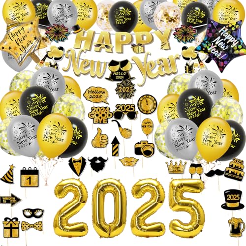 2025 Silvester Party Deko Set, Schwarz Gold Folienballon Deko Set, Happy New Year Banner Deko Party Zubehör von JINLAIYUN