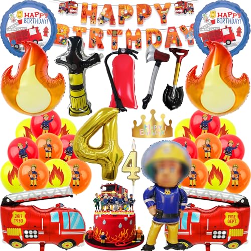 4. Feuerwehr Geburtstag Deko Feuerwehrmann Geburtstagsdeko Jungen 4 Jahre Feuerwehr Kindergeburtstag Party Luftballons Feuerwehrmann Geburtstag Tortendeko Folienballons Happy Birthday Banner (Zahl 4) von JINLAIYUN