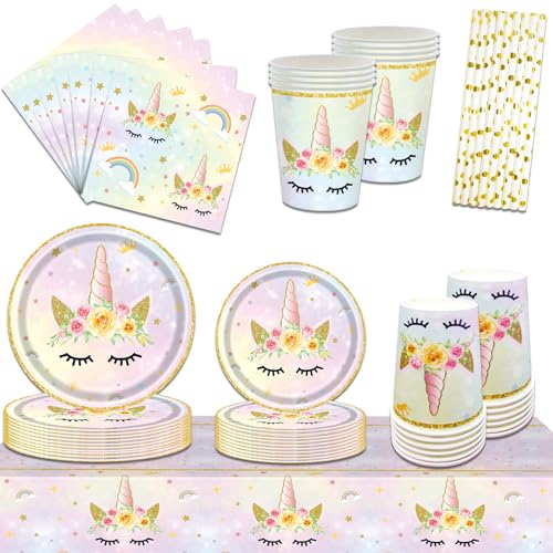 85 Stück Einhorn Partygeschirr Set, 16 Gäste Einhorn Teller Set, Einhorn Teller Becher Pappteller Serviette, Einhorn Party Supplies (Regenbogen Einhorn) von JINLAIYUN