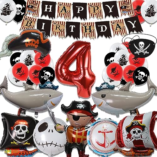 Pirate Geburtstag Deko Jungen Mädchen Geburtstag Party Helium Ballon Deko Set für Mädchen Folienballon Banner Dekoration (Zahl 4) von JINLAIYUN