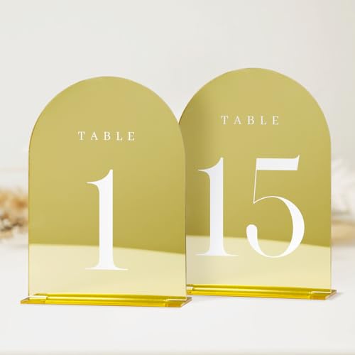 JINMURY Goldene Hochzeitstischnummern 1-15 mit Ständer, 15 Stück, 12,7 x 17,8 cm, goldener Acrylbogen mit Ständer, goldfarbener Spiegel-Acrylbogen, Tischnummern für Hochzeitsempfang (12,7 x 17,8 cm, von JINMURY