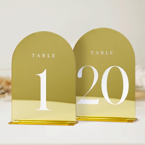 JINMURY Goldene Hochzeitstischnummern 1-20 mit Ständer, 12,7 x 17,8 cm, goldenes Acrylbogenschild mit Ständer, goldfarbener Spiegel-Acrylbogen, Tischnummern für Hochzeitsempfang (12,7 x 17,8 cm, von JINMURY