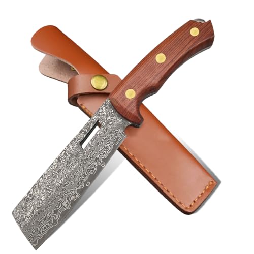 JINPIKER Damast Survival Outdoor Messer Jagdmesser Scharf Bushcraft Damaststahl überlebensmesser Feststehend Klinge Helle Gürtelmesser mit Lederscheide Für Camping Jagd (Damast-002) von JINPIKER