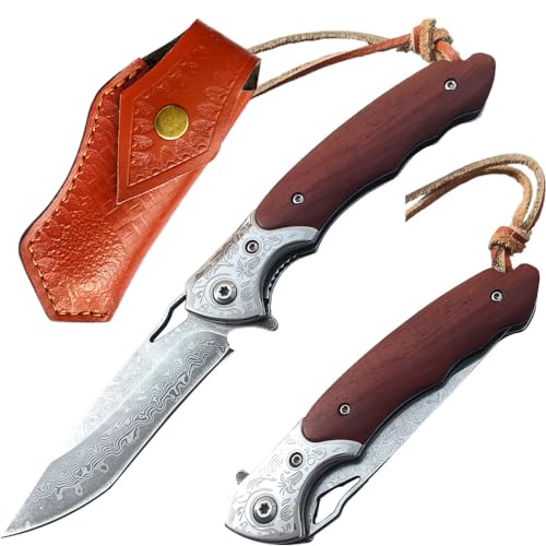 JINPIKER Damast Taschenmesser Klappmesser mit Damaststahl Klinge, Holzgriff, Liner Lock,Flipper, Messerscheide Leder - Scharf Einhandmesser EDC Messer für Outdoor Survival Camping Jagd von JINPIKER