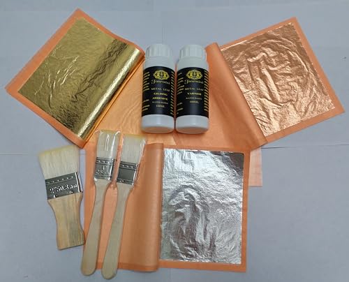 Blattgold-Kit, Vergoldungskleber und Versiegelung für Goldvergoldung, 100 ml Goldgröße und 100 ml Lack mit Blattimitat für Handwerk, Kunst, Möbel (Vergoldungsset mit Goldimitat + Silber + Kupferblatt) von JINRUISI