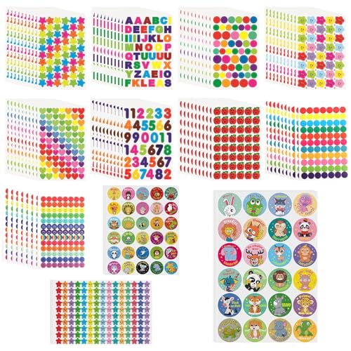 6410 Stück/105 Blätter Stern Aufkleber Mini Bunte Herz-Aufkleber Nummer Alphabet Motivationsaufkleber Selbstklebend Kinder Belohnungssticker Motivationsaufkleber für Lehrer Eltern Kinder Klassenzimmer von JINSIHU