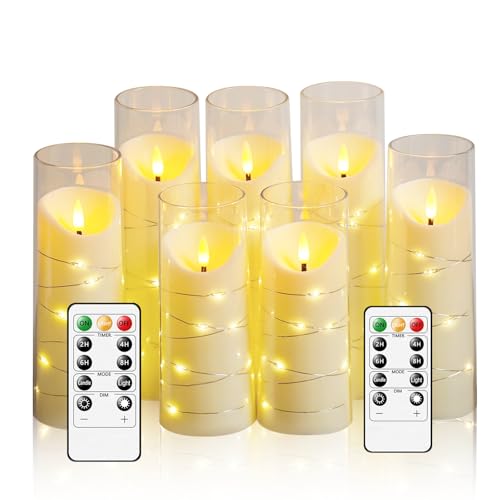 JINYANIA Flammenlose LED Kerzen, Batteriebetriebene Stumpenkerzen mit eingebetteter Sternschnur-Lichterkette, Mit Fernbedienung und Timer, Home Dekoration Romantische, Set von 7 Schrägen（Elfenbein） von JINYANIA