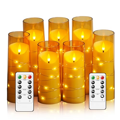 JINYANIA Flammenlose LED Kerzen, Batteriebetriebene Stumpenkerzen mit eingebetteter Sternschnur-Lichterkette, Mit Fernbedienung und Timer, Home Dekoration Romantische, Set von 7 Schrägen（Gold） von JINYANIA