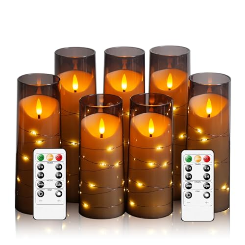 JINYANIA Flammenlose LED Kerzen, Batteriebetriebene Stumpenkerzen mit eingebetteter Sternschnur-Lichterkette, Mit Fernbedienung und Timer, Home Dekoration Romantische, Set von 7 Schrägen（Grau） von JINYANIA