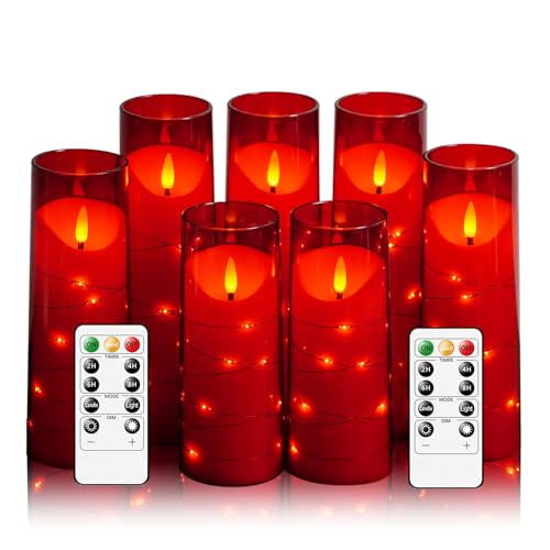 JINYANIA Flammenlose LED Kerzen, Batteriebetriebene Stumpenkerzen mit eingebetteter Sternschnur-Lichterkette, Mit Fernbedienung und Timer, Home Dekoration Romantische, Set von 7 Schrägen（Rot） von JINYANIA