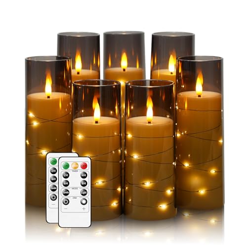 JINYANIA Flammenlose LED Kerzen, Batteriebetriebene Stumpenkerzen mit eingebetteter Sternschnur-Lichterkette, Mit Fernbedienung und Timer, Home Dekoration fügt eine romantische, Set von 7 (Grau) von JINYANIA