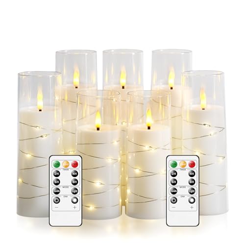 JINYANIA Flammenlose LED Kerzen, Batteriebetriebene Stumpenkerzen mit eingebetteter Sternschnur-Lichterkette, Mit Fernbedienung und Timer, Home Dekoration fügt eine romantische, Set von 7 (Weiß) von JINYANIA