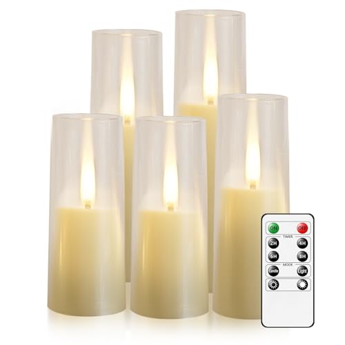 JINYANIA Flammenlose LED Kerzen, Upgraded Realistische Flimmernde Flamme Stumpenkerzen, Batteriebetriebene Kerzen mit Remote Timer, Acryl elektrische Kerzen Set von 5（Elfenbein） von JINYANIA