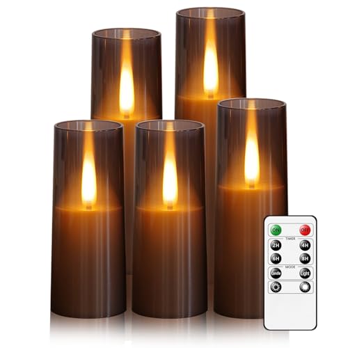 JINYANIA Flammenlose LED Kerzen, Upgraded Realistische Flimmernde Flamme Stumpenkerzen, Batteriebetriebene Kerzen mit Remote Timer, Acryl elektrische Kerzen Set von 5 (Grau) von JINYANIA