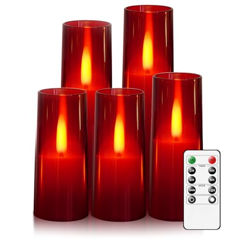 JINYANIA Flammenlose LED Kerzen, Upgraded Realistische Flimmernde Flamme Stumpenkerzen, Batteriebetriebene Kerzen mit Remote Timer, Acryl elektrische Kerzen Set von 5 (Rot) von JINYANIA