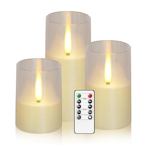 JINYANIA Flammenlose LED Kerzen, Verbesserte realistische flackernde Flammen Stumpenkerzen, Batteriebetriebene Kerzen mit Fernbedienung Timer, Acryl Kerzen Set von 3 (D 3 "xH 4" 5 "6")（Elfenbein） von JINYANIA