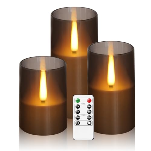 JINYANIA Flammenlose LED Kerzen, Verbesserte realistische flackernde Flammen Stumpenkerzen, Batteriebetriebene Kerzen mit Fernbedienung Timer, Acryl Kerzen Set von 3 (D 3 "xH 4" 5 "6")（Grau） von JINYANIA