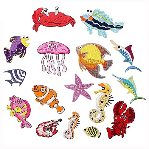 Patches Aufnäher Bügelaufkleber Sea Life Stickerei Stoffaufkleber Quallen Hummer Seesterne Stoffflecken Aufkleber Cartoon Krabbenabzeichen Kinderkleidung Dekoration von JINZIJINYU