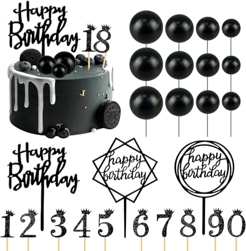 25 Stück Happy Birthday Tortendeko, Glitter Cake Topper Geburtstag Schwarz, mit Tortendeko Kugeln und 0-9 Zahlen Topper, Tortenstecker Geburtstag für Geburtstag Party, Hochzeit von JIOLINK