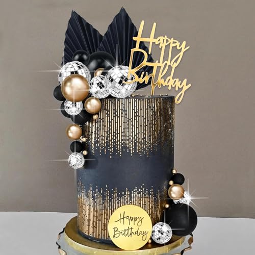 25 Stück Happy Birthday Tortendeko, Glitter Cake Topper Geburtstag Schwarz Golden, mit Tortendeko Kugeln Discokugel Deko, Tortenstecker Geburtstag für Geburtstag Party, Hochzeit (A) von JIOLINK