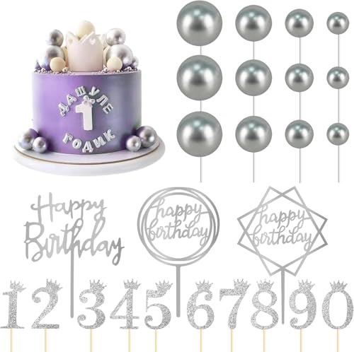 25 Stück Happy Birthday Tortendeko, Glitter Cake Topper Geburtstag Silber, mit tortendeko kugeln und 0-9 Zahlen Topper, tortenstecker geburtstag für Geburtstag Party, Hochzeit von JIOLINK