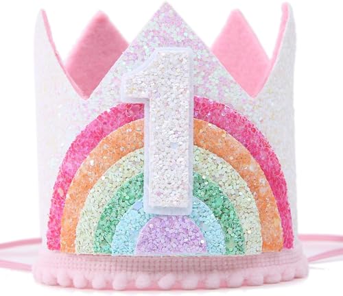 JIOLINK Geburtstagskrone Mädchen, Krone 1 Jahre Mädchen, Regenbogen Mädchenkrone, Krone Haarband Rosa, Party-Kopfbedeckung für Kinder Mädchen Geburtstag, Baby Shower (1 Jahre) von JIOLINK