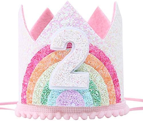 JIOLINK Geburtstagskrone Mädchen, Krone 2 Jahre Mädchen, Regenbogen Mädchenkrone, Krone Haarband Rosa, Party-Kopfbedeckung für Kinder Mädchen Geburtstag, Baby Shower (2 Jahre) von JIOLINK