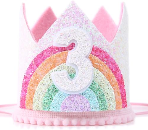 JIOLINK Geburtstagskrone Mädchen, Krone 3 Jahre Mädchen, Regenbogen Mädchenkrone, Krone Haarband Rosa, Party-Kopfbedeckung für Kinder Mädchen Geburtstag, Baby Shower (3 Jahre) von JIOLINK