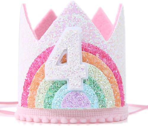 JIOLINK Geburtstagskrone Mädchen, Krone 4 Jahre Mädchen, Regenbogen Mädchenkrone, Krone Haarband Rosa, Party-Kopfbedeckung für Kinder Mädchen Geburtstag, Baby Shower (4 Jahre) von JIOLINK