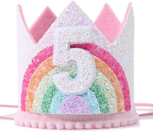 JIOLINK Geburtstagskrone Mädchen, Krone 5 Jahre Mädchen, Regenbogen Mädchenkrone, Krone Haarband Rosa, Party-Kopfbedeckung für Kinder Mädchen Geburtstag, Baby Shower (5 Jahre) von JIOLINK