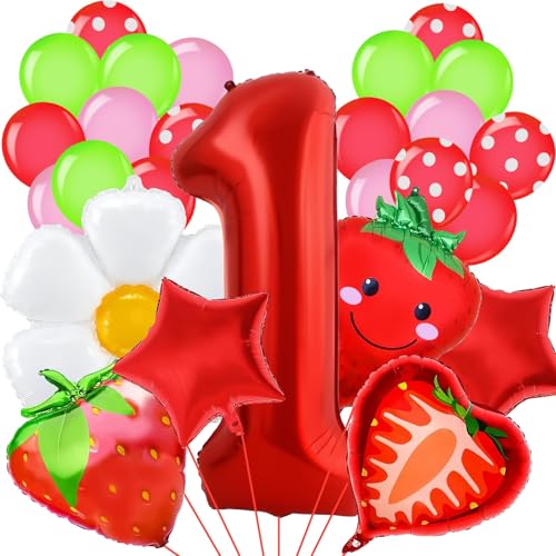 Luftballon 1. Geburtstag 27 Stück Rot Luftballons Strawberry Ballons Blume Stern Folienballon für Erdbeer Deko, Kindergeburtstag Dekoration, Thema Party von JIOLINK